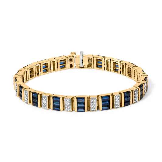Pulsera de eslabones alternos de oro amarillo de 14 quilates con diamantes de 2/5 Cttw y zafiros azules talla baguette de 8.0 Cttw (color G-H, claridad VS1-VS2) - 7 pulgadas