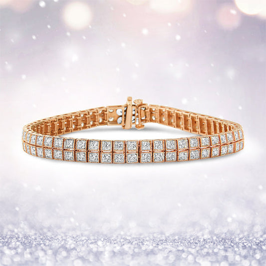 Pulsera de tenis de oro rosa de 14 quilates y 3,0 quilates de diamantes cultivados en laboratorio de dos filas con milgrain de 17,78 cm (color G-H, claridad VS2-SI1)