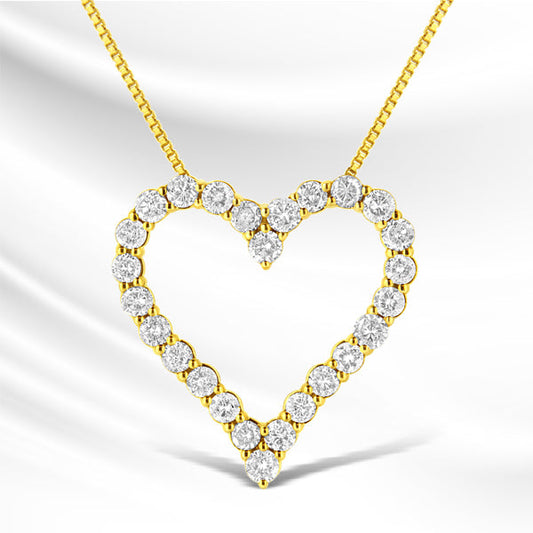Collar con colgante de corazón abierto de oro amarillo de 14 quilates chapado en plata de ley .925 con diamantes de talla redonda brillante de 2,00 quilates engastados en garras compartidas, 18" (color K-L, claridad I2-I3)