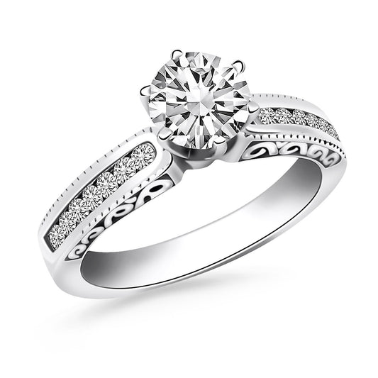 Anillo de compromiso en oro blanco de 14k con engaste de canal y laterales grabados