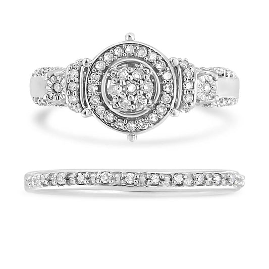 Anillo de compromiso y conjunto de alianzas de boda de plata de ley .925 con diamante de 1/3 Cttw de 7 piedras en racimo y halo (color I-J, claridad I1-I2) - Talla 7
