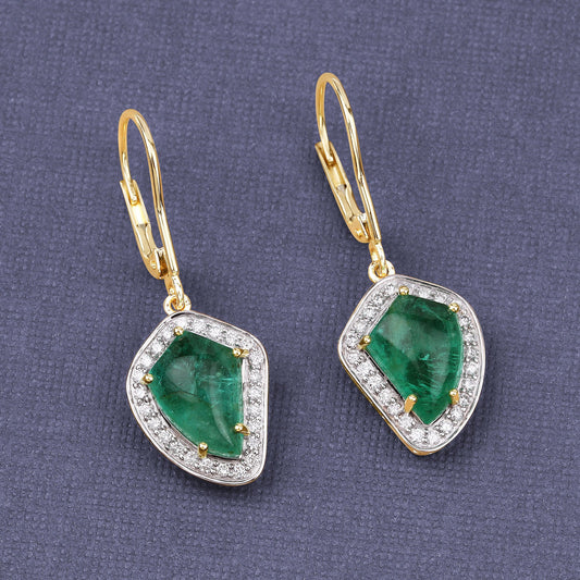 Pendientes de oro amarillo de 14 quilates con esmeralda colombiana auténtica de 6,40 quilates y diamantes blancos