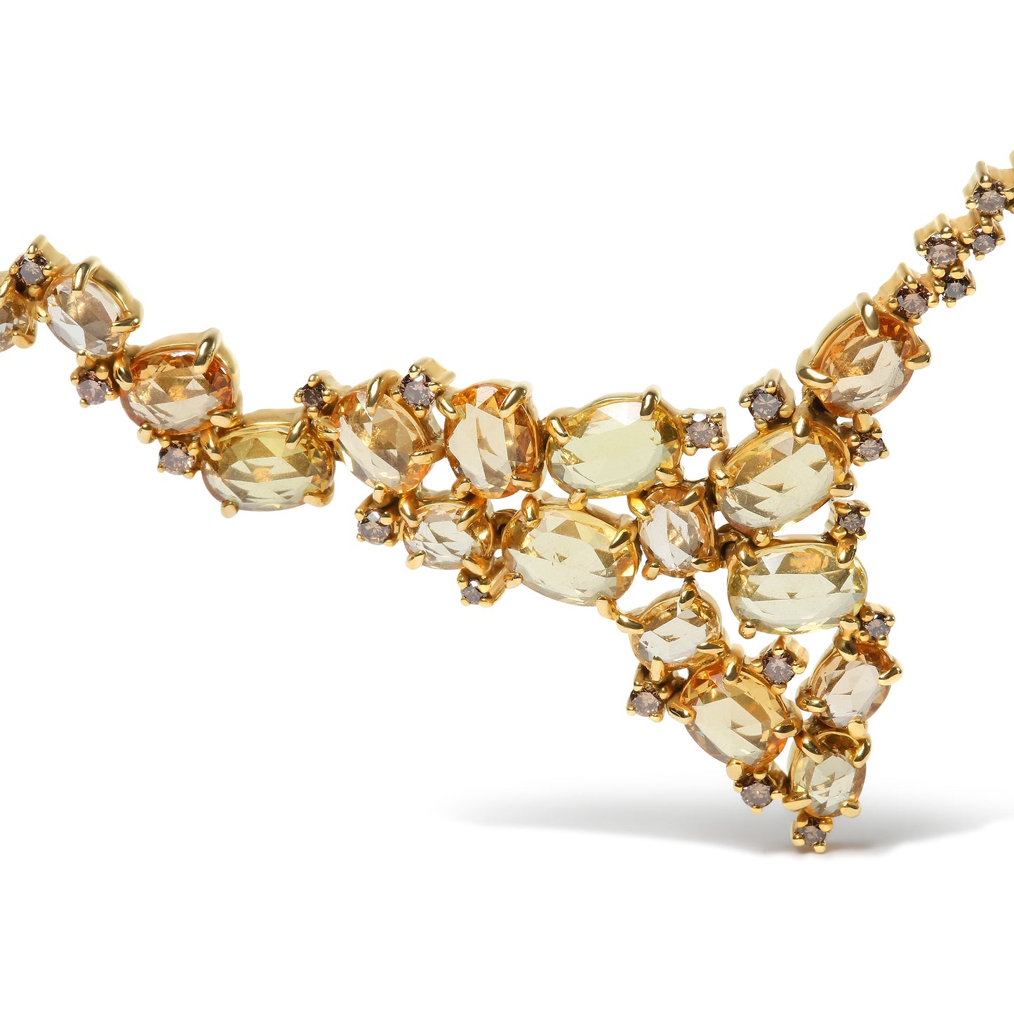 Collar de estación en cascada de zafiros amarillos ovalados de varios tamaños y diamantes marrones de 1/2 Cttw en oro amarillo de 18K (Color marrón, Claridad SI1-SI2) - Ajustable de 14" a 16"