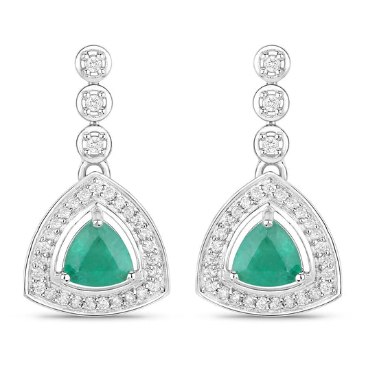 Pendientes de oro blanco de 14 quilates con esmeralda zambiana auténtica de 1.39 quilates y diamantes blancos