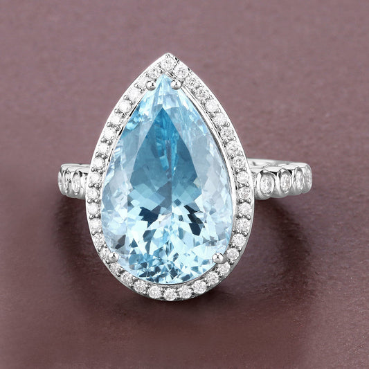 Anillo de oro blanco de 14K con aguamarina genuina de 13,42 quilates y diamantes blancos