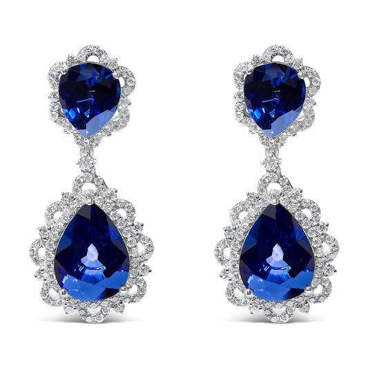 Pendientes colgantes de oro blanco de 18K con zafiro azul y diamantes de 2,00 Cttw con halo de diamantes (color G-H, claridad SI1-SI2)