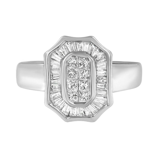 Anillo de estilo Art Déco tipo cóctel de oro blanco de 14K con diamantes baguette y de talla princesa de 1,00 qt (color H-I, claridad SI1-SI2) - Talla 7