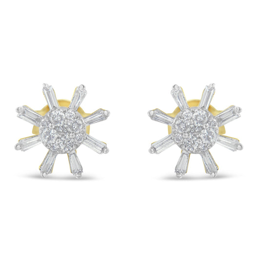 Arete de oro amarillo de 10 kt con diamantes redondos y baguette (0,50 quilates en total, color H-I, claridad I2-I3)