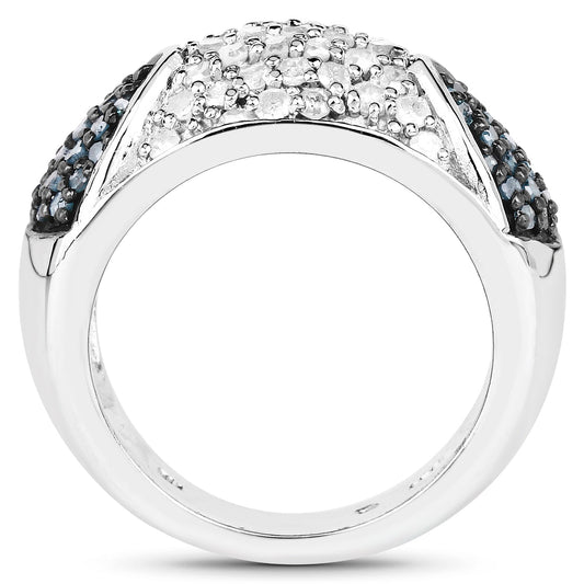 Anillo de plata de ley .925 con diamante azul auténtico de 0,94 quilates y diamantes blancos