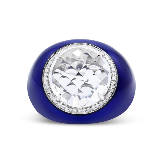 Anillo de cúpula de oro blanco de 18K con cuarzo blanco de 14mm, halo de diamantes de 1/5 Cttw y esmalte azul (color F-G, claridad VS1-VS2) - Talla de anillo 7