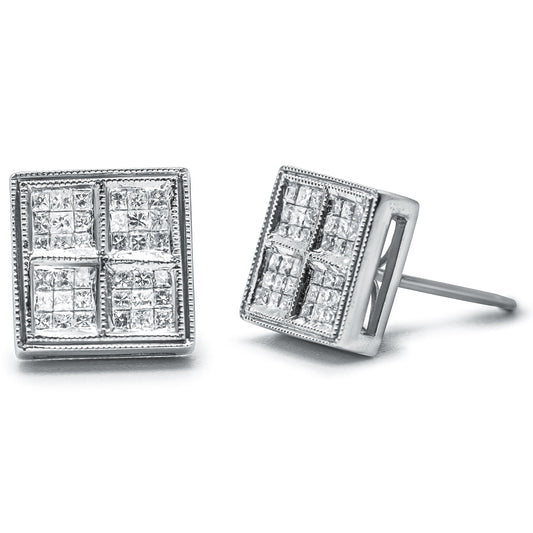 Pendientes de tuerca de oro blanco de 14 quilates de 1/2 quilate de peso total de diamantes de talla princesa con forma de caja y milgrain (Color H-I, Claridad SI1-SI2)