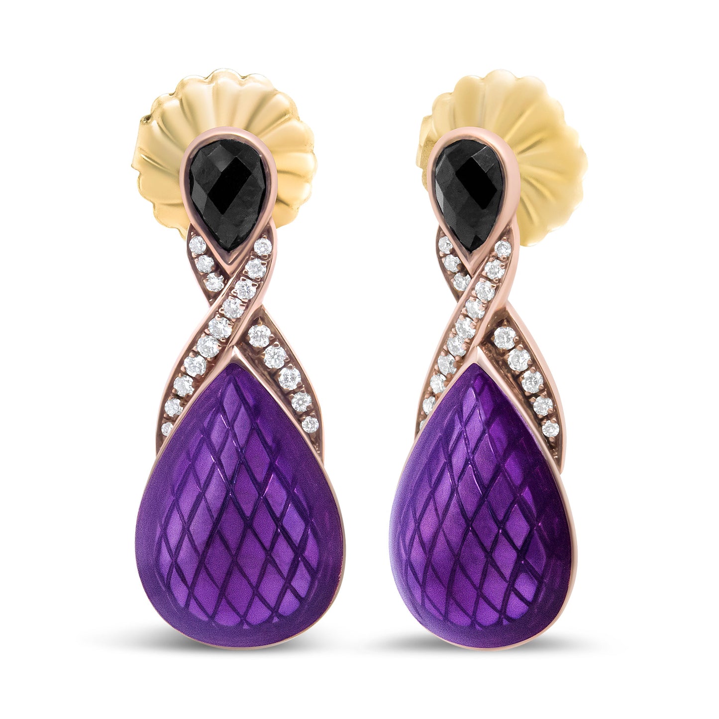 Pendientes colgantes de ónix negro en forma de pera de 5,5 x 4 mm y diamantes redondos pavé de 1/5 ct engastados con esmalte morado de plata de ley .925 chapado en oro rosa de 18 quilates (color F-G, claridad VS1-VS2)