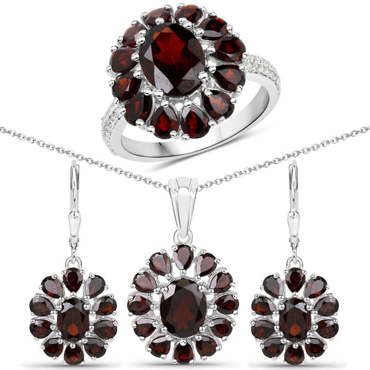 Juego de joyas de 3 piezas de plata esterlina .925 con granate genuino de 13,82 quilates y topacio blanco (anillo, pendientes y colgante con cadena)
