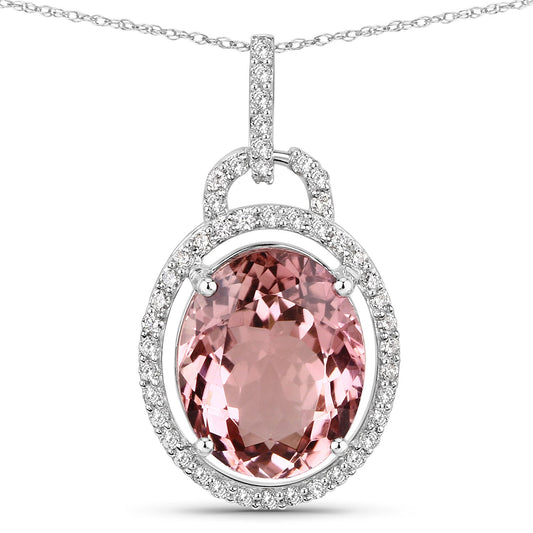 Colgante de oro blanco de 14 quilates con turmalina rosa genuina de 3,90 quilates y diamantes blancos