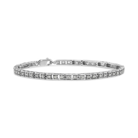 Brazalete de tenis de 7" de plata de ley 925 con eslabones cuadrados híbridos y diamantes de 1,0 Cttw (color I-J, claridad I2-I3)