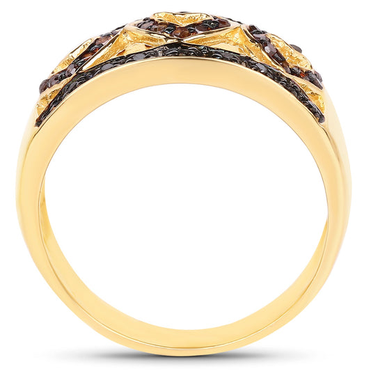 Anillo de plata esterlina .925 con baño de oro amarillo de 14 quilates, diamante negro genuino de 0,32 quilates y diamante rojo