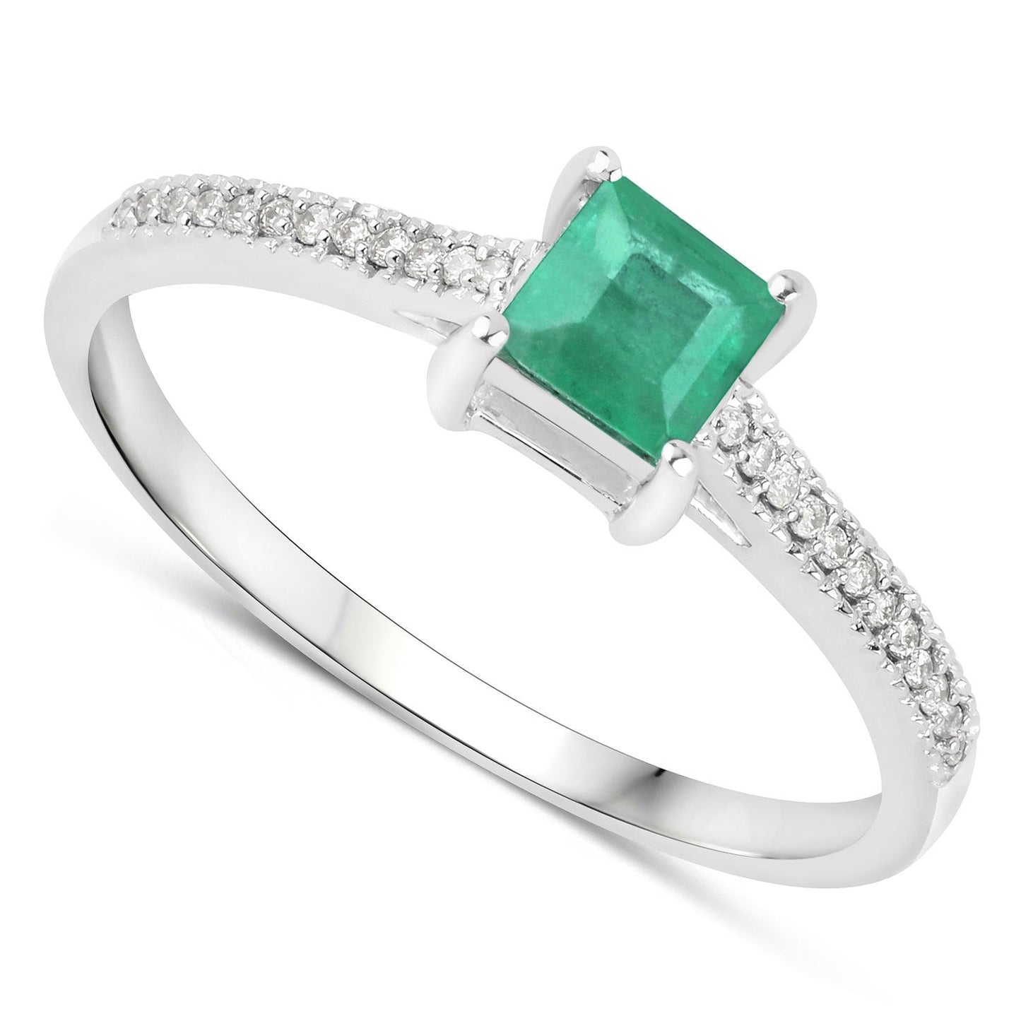 Anillo de oro blanco de 14 quilates con esmeralda zambiana auténtica de 0,67 quilates y diamantes blancos