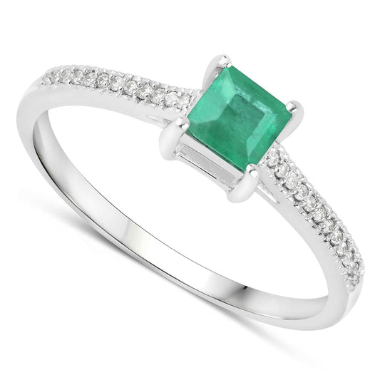 Anillo de oro blanco de 14 quilates con esmeralda zambiana auténtica de 0,67 quilates y diamantes blancos