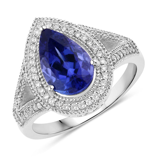 Anillo de tanzanita auténtica de 2.60 quilates y diamantes blancos en oro blanco de 14K
