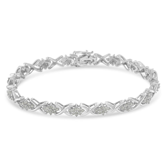 Pulsera de tenis de plata de ley .925 con eslabones X y racimo de diamantes de 1-1/2 Cttw, 7" (color I-J, claridad I3)