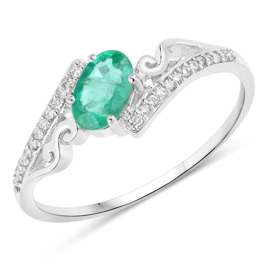 Anillo de oro blanco de 14K con esmeralda genuina de Zambia de 0,51 quilates y diamantes blancos