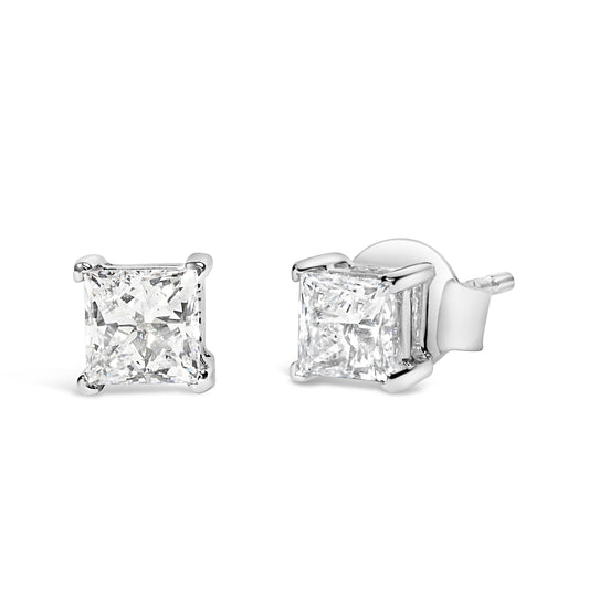 Pendientes de botón solitarios de 4 puntas de oro blanco de 14 quilates con diamantes de laboratorio talla princesa de 3/8 quilates (claridad VS1-VS2, color F-G)