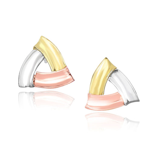Pendientes de poste abiertos triangulares de oro tricolor de 14k