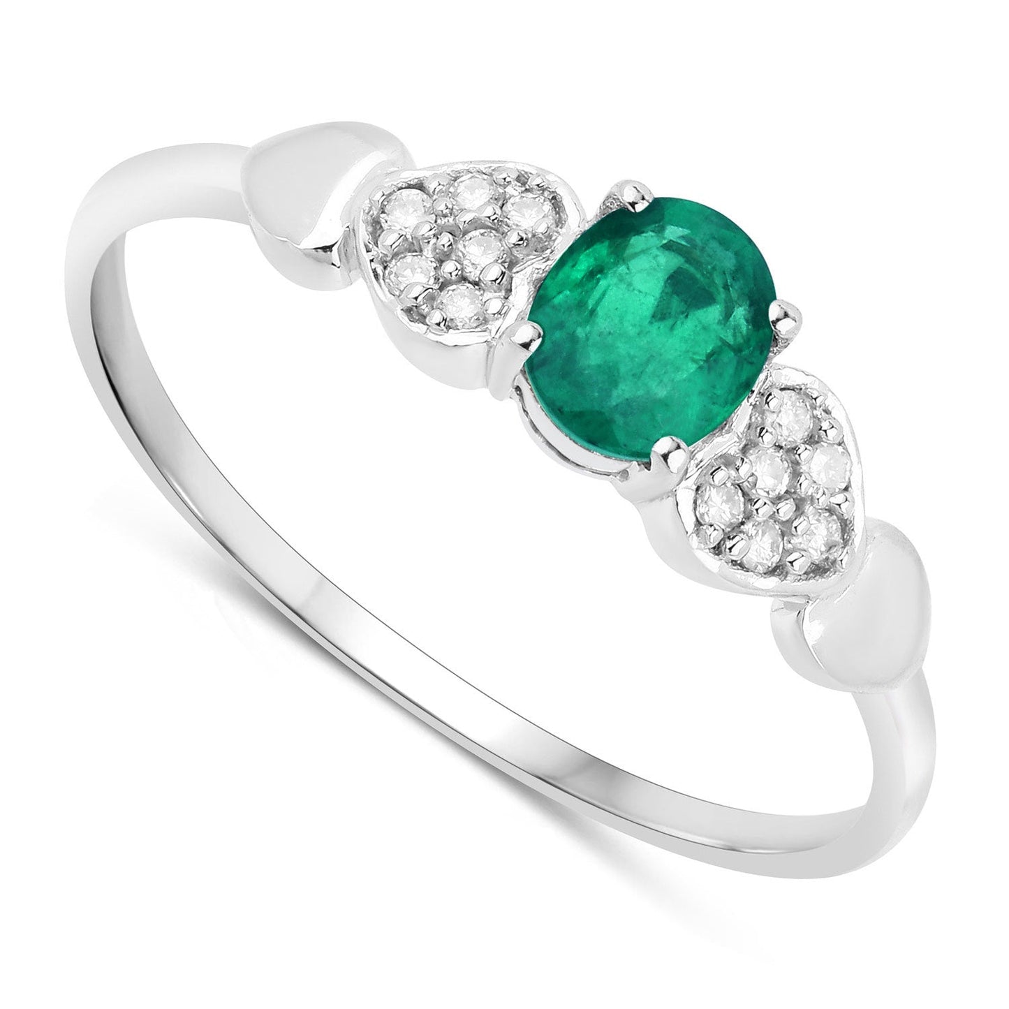 Anillo de oro blanco de 14K con esmeralda zambiana auténtica de 0,36 quilates y diamantes blancos