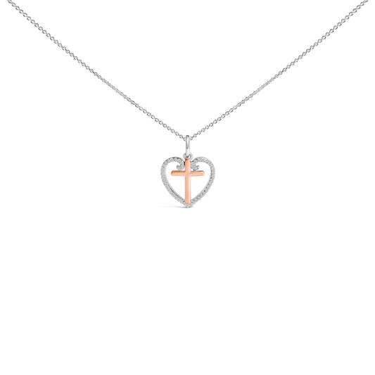 Collar con colgante de cruz de corazón con diamante de 1/5 quilates de plata de ley chapado en oro rosa de 14 quilates