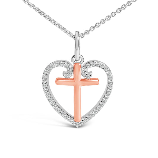 Collar con colgante de cruz de corazón con diamante de 1/5 quilates de plata de ley chapado en oro rosa de 14 quilates