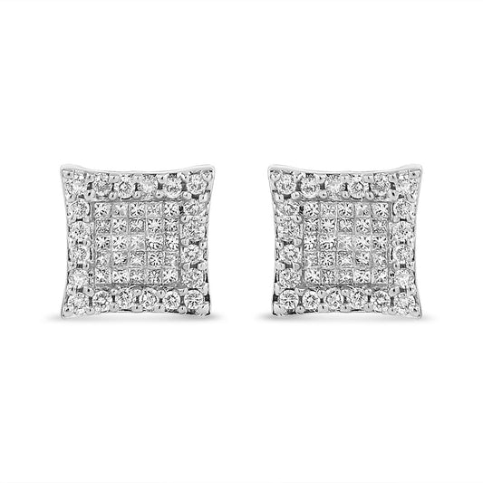 Pendientes de tuerca cuadrados de oro blanco de 14 quilates con diamantes talla princesa y redonda de 1,00 quilates (color G-H, claridad SI1-SI2)