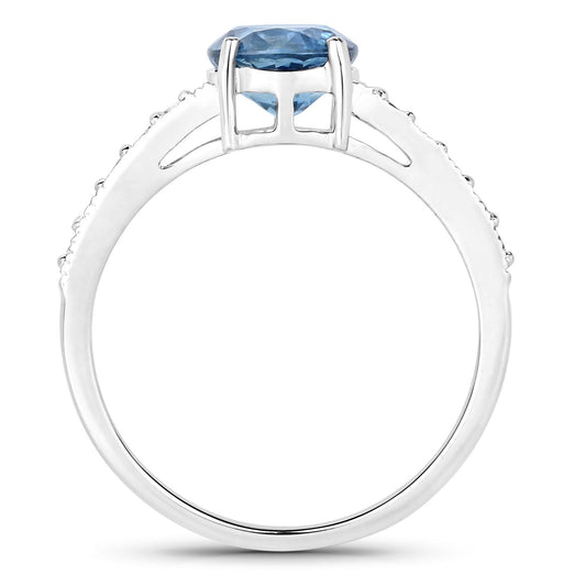 Anillo de oro blanco de 14K con zafiro azul genuino de 1,90 quilates y diamantes blancos