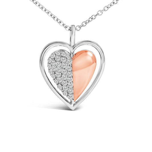 Collar con colgante de corazón de dos tonos de plata de ley chapado en oro rosa de 10 quilates con diamantes de 1/5 quilates