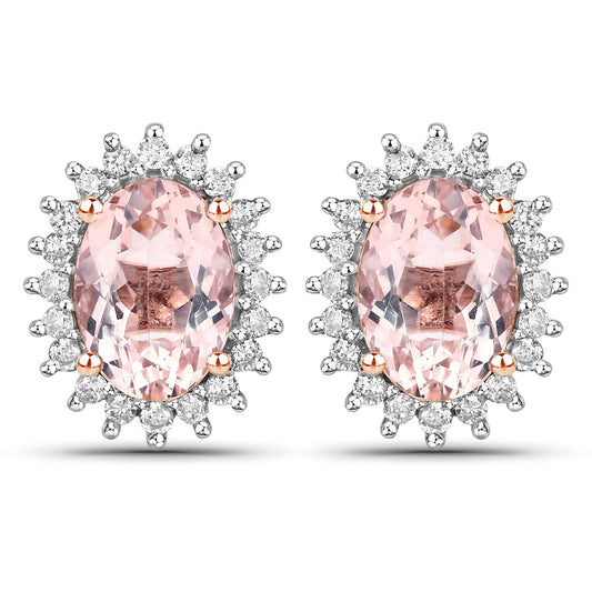 Pendientes de oro rosa de 14 quilates con morganita auténtica de 1,61 quilates y diamantes blancos