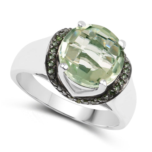 Anillo de plata de ley .925 con amatista verde genuina de 3,95 quilates y diamantes verdes