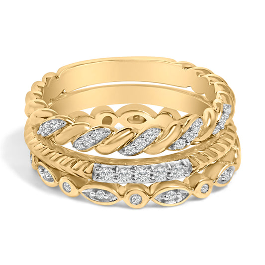 Conjunto de anillos apilables de plata de ley bañada en oro amarillo de 14K con diamantes de 1/4 Cttw y diseño de hojas enroscadas