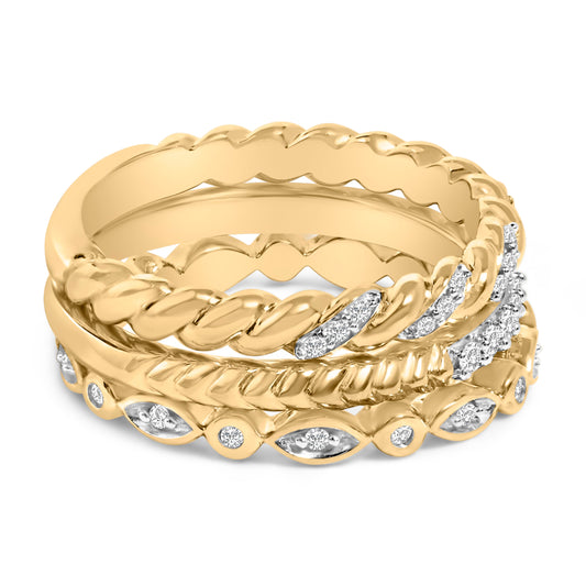 Conjunto de anillos apilables de plata de ley bañada en oro amarillo de 14K con diamantes de 1/4 Cttw y diseño de hojas enroscadas