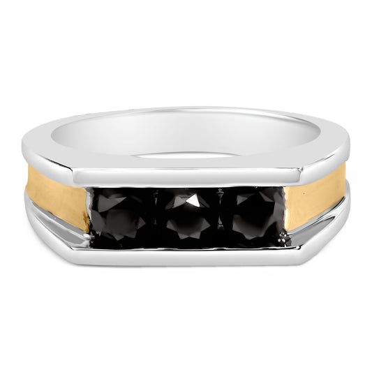 Anillo de hombre de plata de ley con baño de oro amarillo de 14k y diamantes negros de 1-1/2 Cttw engastados en canal