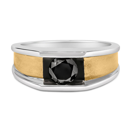 Anillo de banda de oro amarillo de 14K chapado en plata de ley para hombre con diamante negro redondo de 1.0 Cttw
