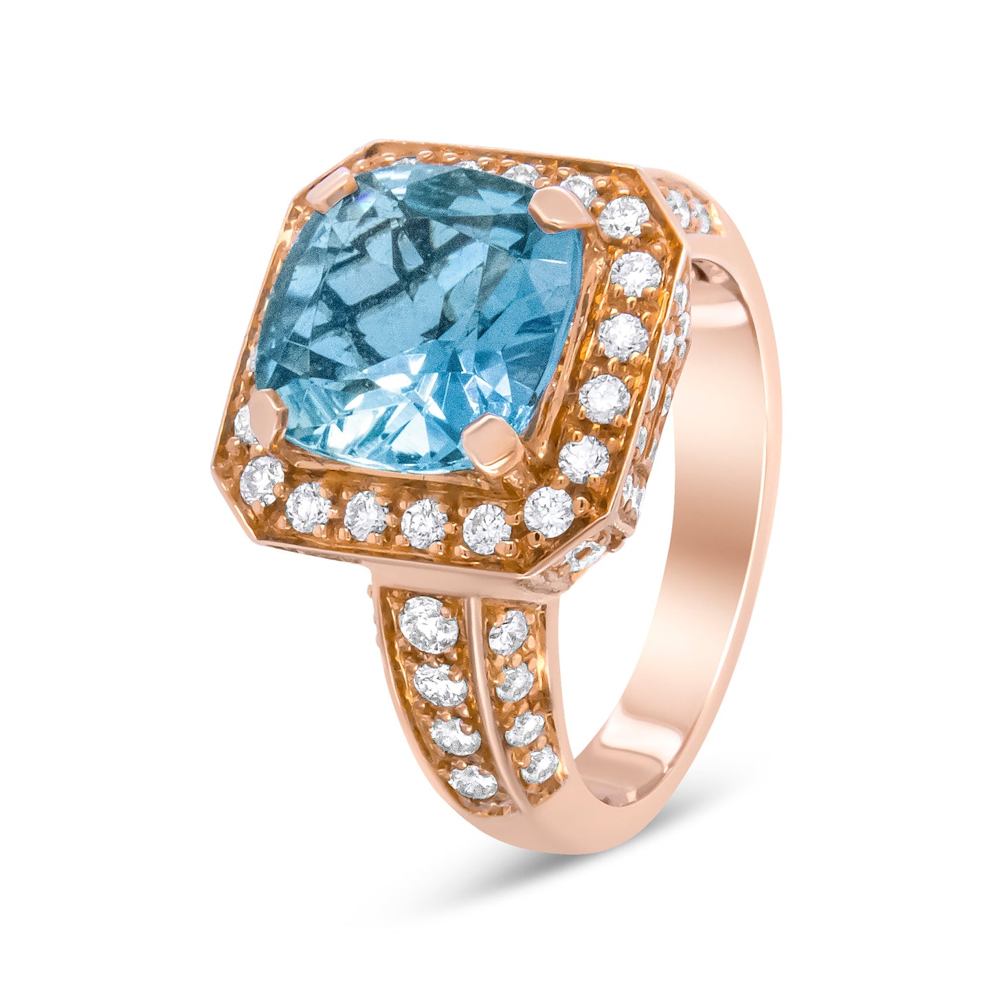 Anillo halo de oro rosa de 18K con aguamarina de talla cojín de 10x10 mm y diamantes redondos de 1 1/8 Cttw (color F-G, claridad VS1-VS2) - Talla de anillo 6.5