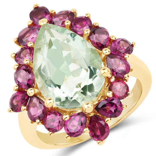 Anillo de plata de ley .925 chapado en oro amarillo de 14K con amatista verde y rodolita naturales de 7.21 quilates