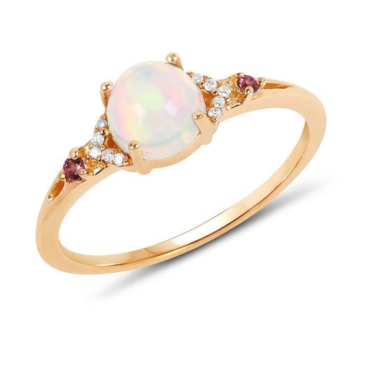 Anillo de oro amarillo de 14 quilates con ópalo etíope genuino de 0,57 quilates, turmalina rosa y diamantes blancos