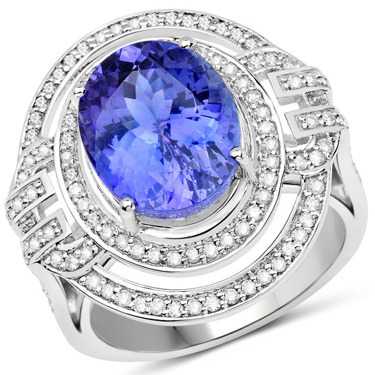 Anillo de Oro Blanco de 14K con Tanzanita Genuina de 6.83 Quilates y Diamantes Blancos
