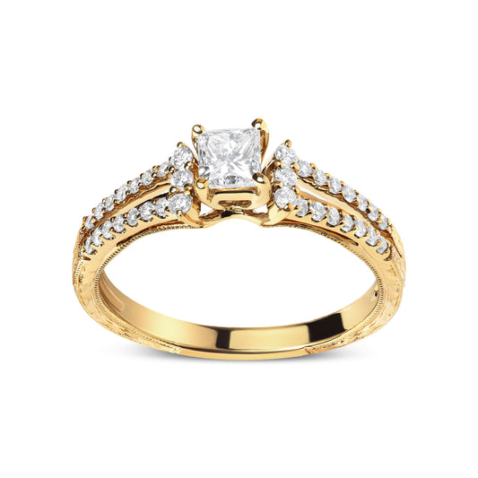 Anillo de compromiso con diamante de oro amarillo de 14 K de 5/8 Cttw, corte princesa, brazo dividido y milgrain (color G-H, claridad VS2-SI1) - Talla 7