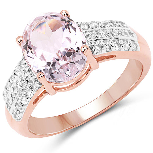 Anillo de plata de ley 925 chapado en oro rosa de 14 quilates con kunzita ovalada genuina de 3,27 quilates y circonita blanca