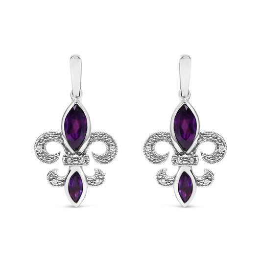 .925 Sterling Silver Marquise Cut Amethyst and Diamond Accent Fleur De Lis Dangle Stud Earrings (H-I Color