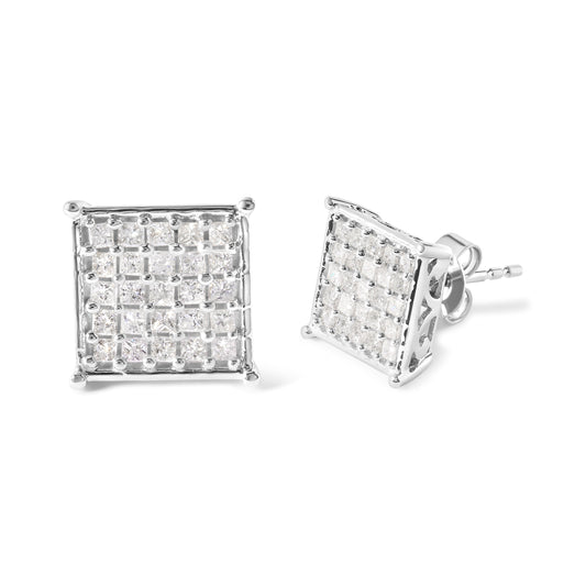 Pendientes de botón con diamante princesa de 3/4 Cttw de oro blanco de 10K (color I-J, claridad I1-I2)