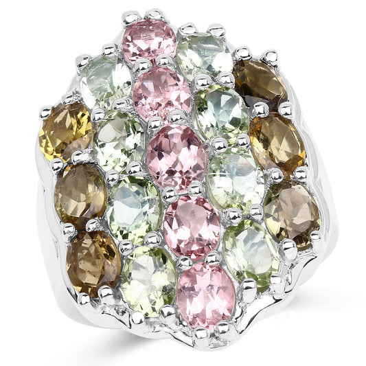 Anillo de plata esterlina .925 con turmalina marrón, turmalina rosa y turmalina verde genuinas de 6.74 quilates