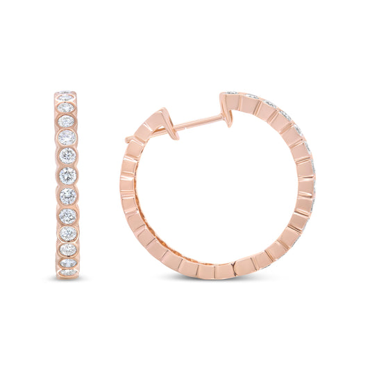 Pendientes de aro de oro rosa de 18K con diamantes redondos de 1 quilate engastados en bisel (color F-G, claridad VS1-VS2)