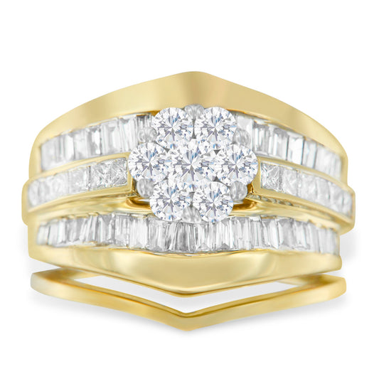 Anillo de compromiso y argolla matrimonial de oro amarillo de 14K con diamantes de 2-1/3 quilates en engaste de racimo, diseño de chevrón y canal